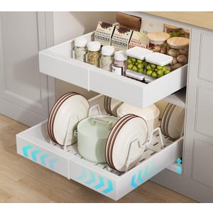 Seinloes 2 Pack Pull out Cabinet Organizer 21" Deep With Raising Pad for Framed Cabinets, Expandable Slide out Drawers for Kitchen Cabinets with 4pcs Divider Racks, Roll out Shelves 9"-14" W White