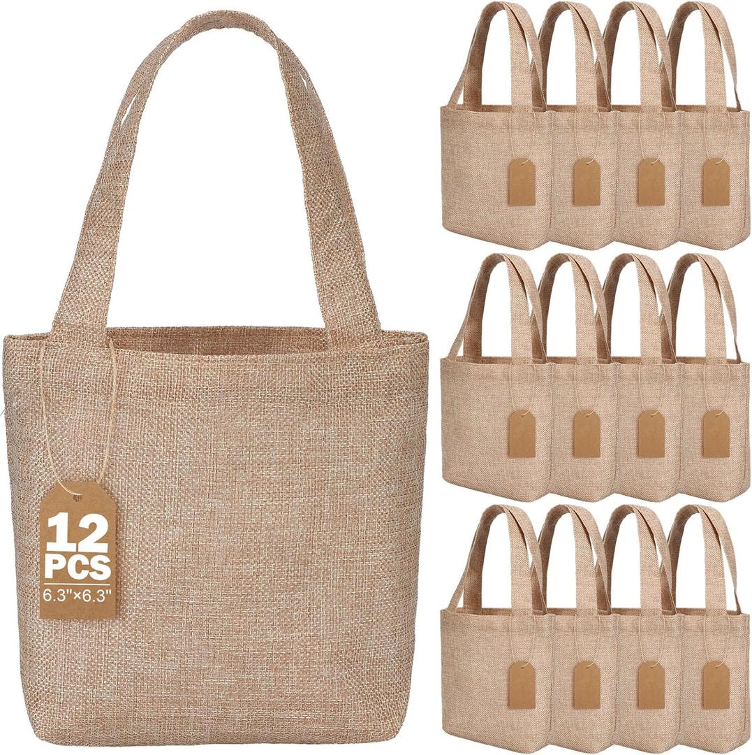 Aliceset 12 Pcs Mini Burlap Tote Bags with Handles Reusable Burlap Gift Bags with Tags Small Wedding Welcome Bridesmaids Jute Bag Bulk for Party Supplies DIY Craft (6.3 x 6.3 x 2.8 Inch,Light Brown)