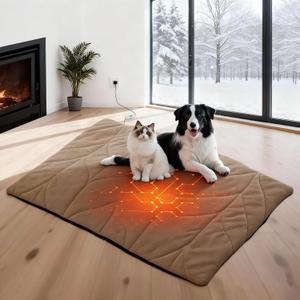 Dog Heating Pad (31"x20") - Waterproof Electric Heated Mat & Pet Bed for Indoor and Outdoor Use, Chew Resistant Cord, Machine Washable Cover with Wheat Pattern Quilting, for Cats and Pets (Khaki)