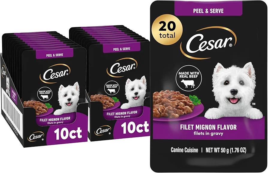 Cesar Filets in Gravy Wet Dog Food Filet Mignon Flavor, 1.76 oz. Mini-Pouch (20 Count, Pack of 1), Best By: 06/15/2027