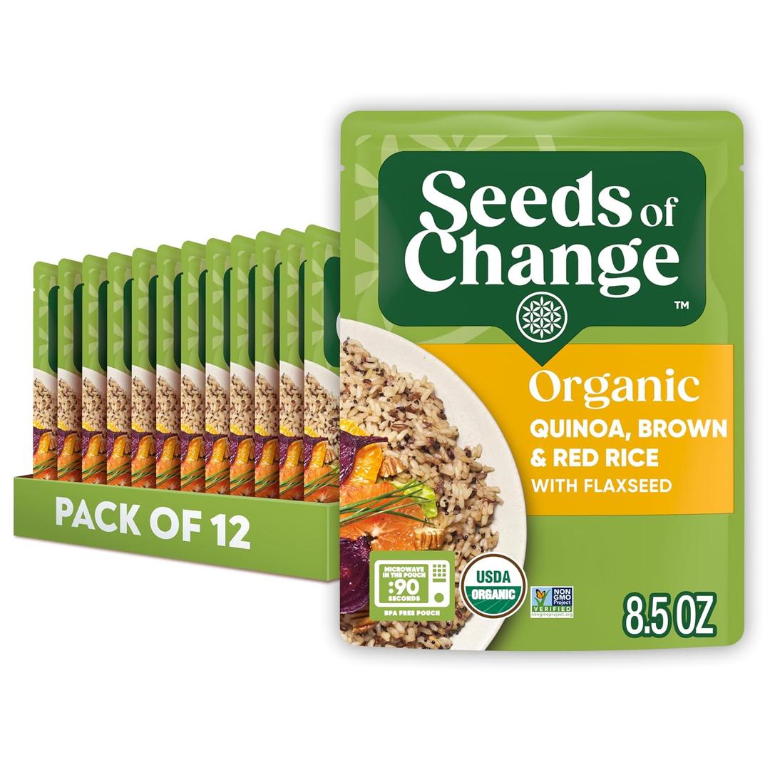 SEEDS OF CHANGE Organic Quinoa, Brown & Red Rice with Flaxseed, Organic Food, 8.5 OZ Pouch (Pack of 12) (EXP 07/31/29)