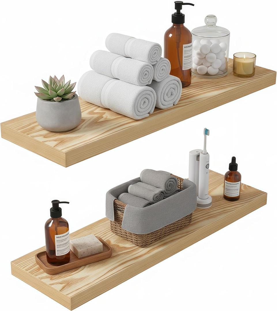 Lufia Floating Wall Shelves, Set of 2, MDF with Invisible Brackets, Modern Storage for Bedroom, Bathroom, Living Room, Kitchen (Oak, 24" W x 7" D x 1.5" H (2 Pieces))