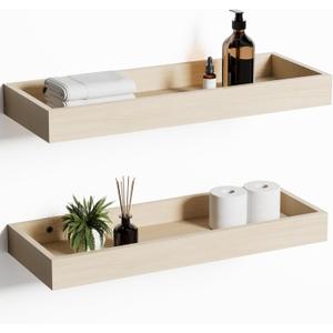 Oak Floating Shelves with Raised Lip, Wooden Wall Shelves for Bedroom Living Room Kitchen, Modern Bathroom Shelves for Wall, Decor Floating Shelves for Storage Display (Set of 2, 15.7 Inch)