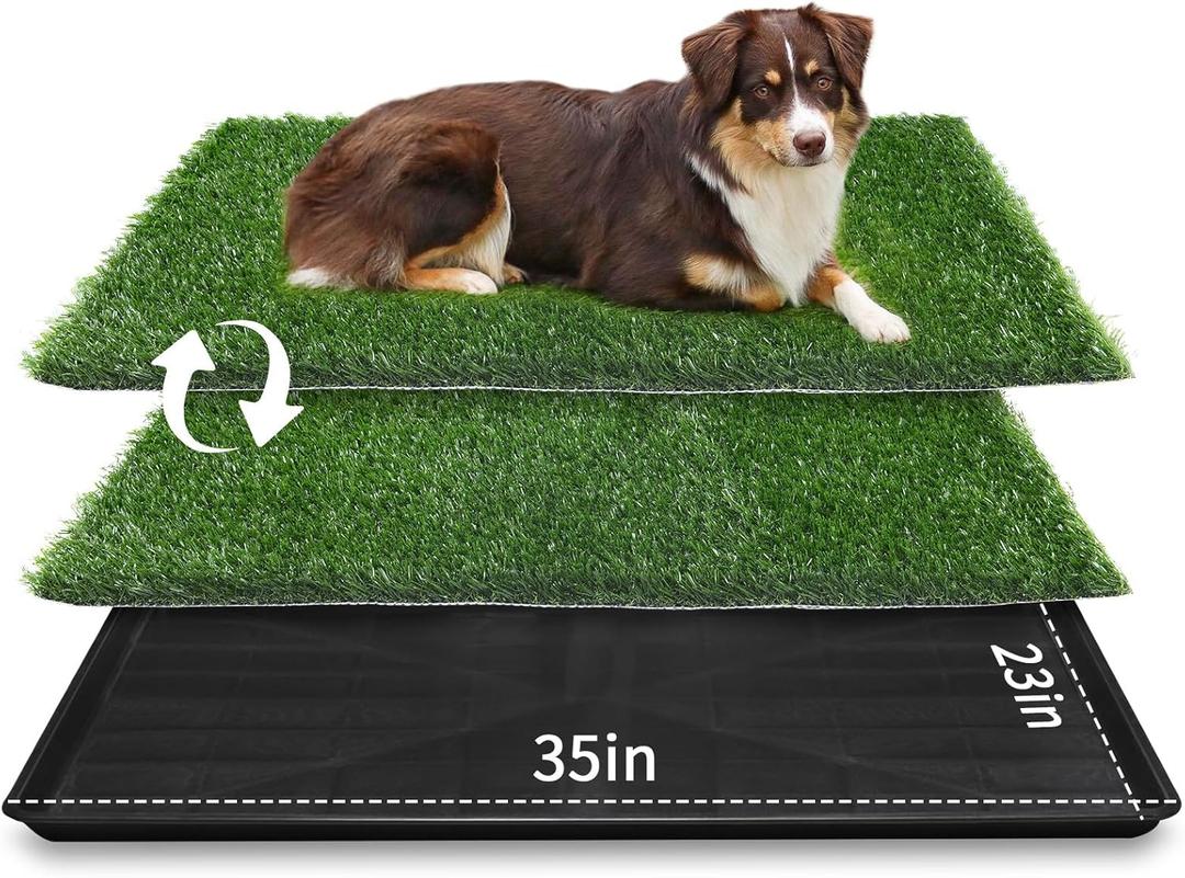 LOOBANI Large Dog Grass Pad with Tray - 35x23in Dog Litter Box with 2-Pack Replacement Artificial Grass Puppy Training Pads - Potty Tray for Balcony Apartment Indoor Outdoor Use