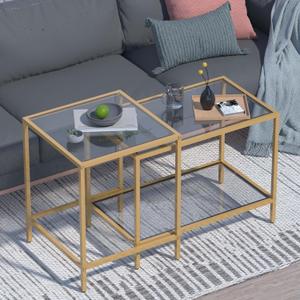Coffee Table Set of 2,Gold Glass Nesting Coffee Side End Table,Square Modern Center Table for Living Room,Bedroom and Small Spaces,Tempered Glass-top with Sturdy Metal Frame, Easy Assembly (Rectangle)