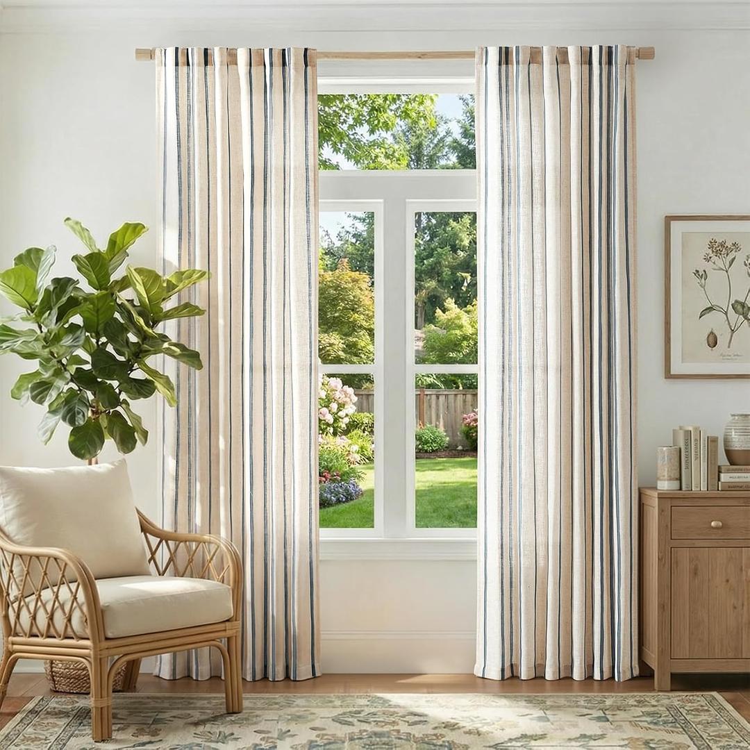 jinchan Linen Curtains for Living Room Striped Curtains Blue on Beige Thick Textured Light Filtering Drapes Bedroom Dining Room Coastal Rustic Farmhouse Cottage Core Style 2 Panels 84 Inches Back Tab