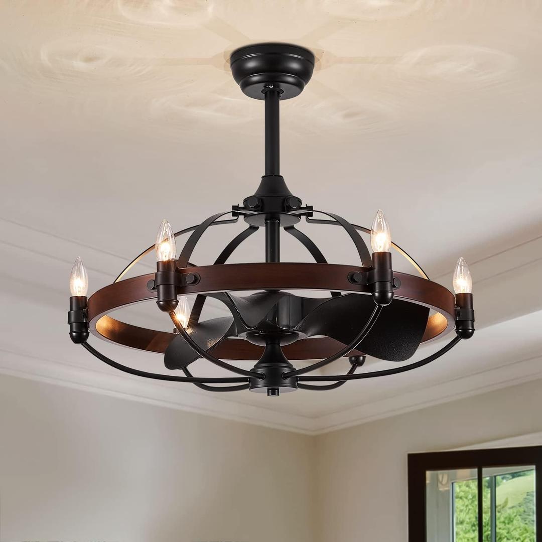 27-Inch Brown Walnut Farmhouse Style Chandelier Ceiling Fan with Light and Remote Control, Bladeless Motor for Bedroom, Kitchen, Living Room, Dining Room
