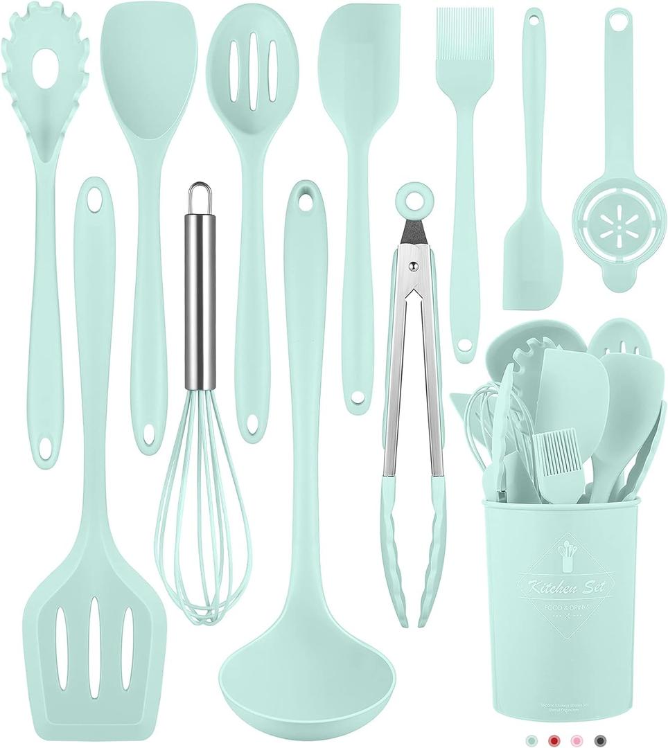 Kitchen Utensils Set-12 Pieces Silicone Cooking Utensils Set (Dishwasher Safe) 392F Heat Resistant Spatula Set,Kitchen Utensil Set for Nonstick Cookware,Best Kitchen Tools with Holder (Green)