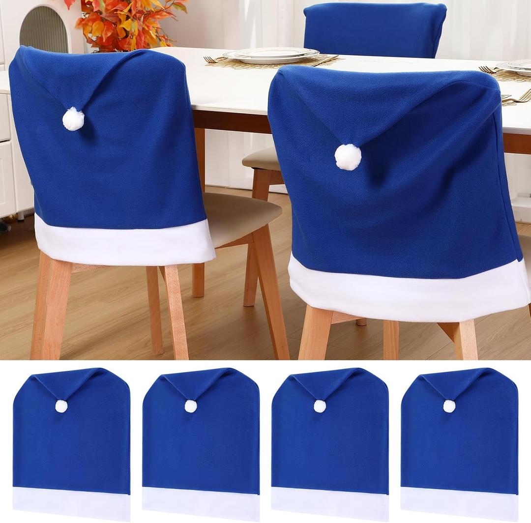 Christmas Chair Covers Set of 4 Santa Claus Hat Chair Back Covers Xmas Slipcover for Christmas Kitchen Dinning Room Decoration Table Decor (Blue)