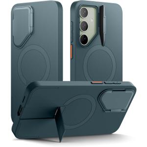SURITCH for Samsung Galaxy S24 Phone Case, Magnetic Protective Cover with Camera Cover & Adjustable Metal Kickstand for Galaxy S24 (2024)-Lake Green