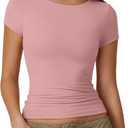 QINSEN Women's Crew Neck Short Sleeve Tees Double Lined Slim Fit T Shirt Basic Y2K Tops (X-Large, Pink)