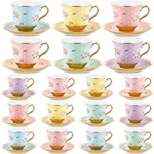 Teenyyou Set of 18 Tea Cups and Saucers Tea Party Decorations Floral Porcelain 5.4 oz British Gift for Women Birthday Party, Church, and Mother's Day (Vintage Style)