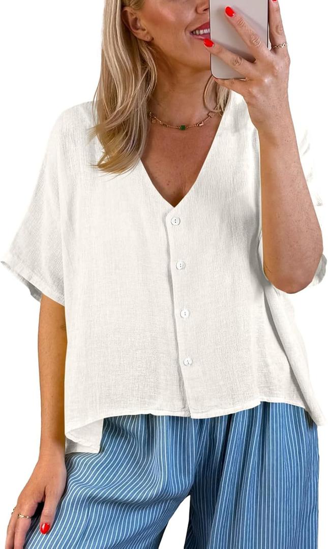 Tankaneo Womens Shirt Tops Batwing Short Sleeve Blouse Summer Casual Oversized V Neck Button Down Shirts (White, XL)