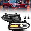 HECASA Projector Headlights Assembly w/Bulbs&LED Compatible with 2015-2023 Dodge Charger Dual LED Tube Bar DRL Headlamps Clear Lens+Black Housing Left & Right Replacement for CH2503270 CH2503271 (Pair)