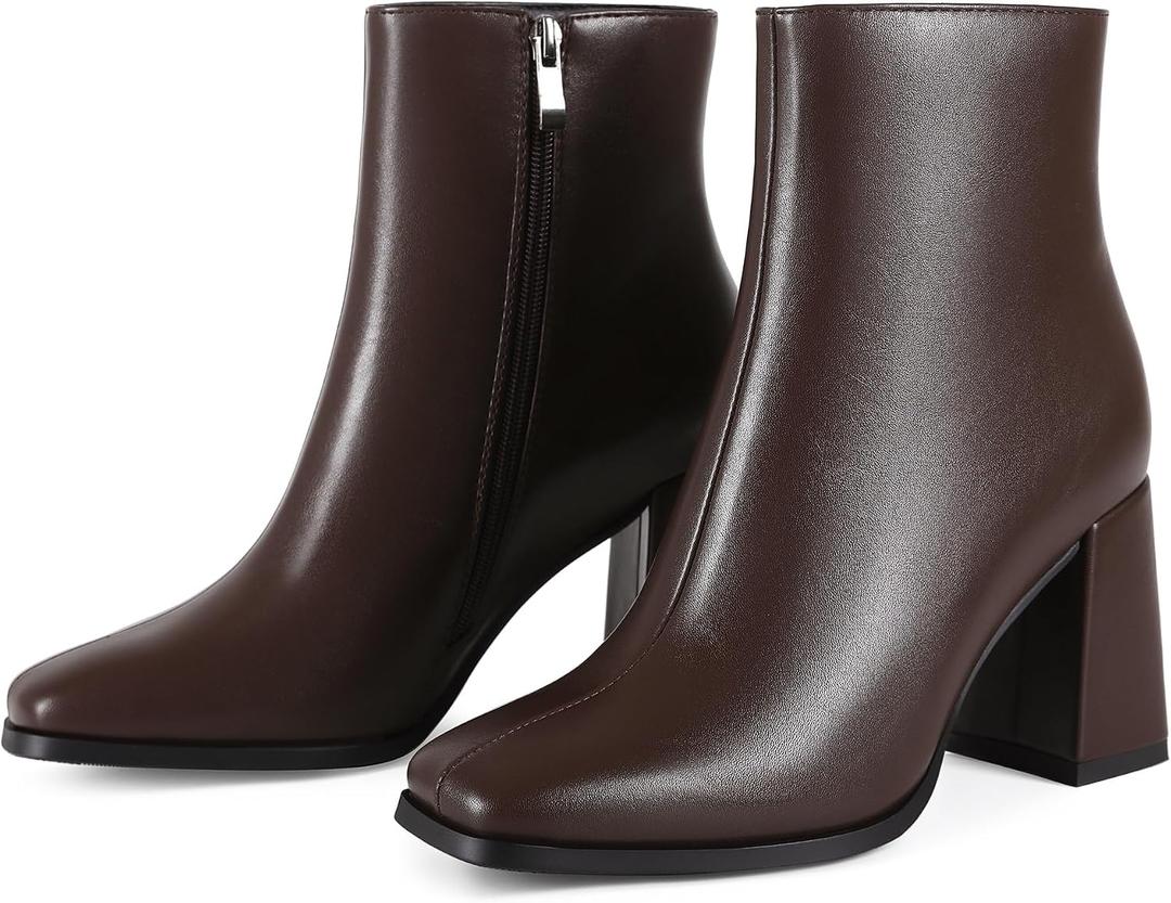 Wetviro Womens Square Toe Ankle Boots Chunky Block Heel Short Boots for Women Mid Heel Dressy Booties Office Party Daily Wear 8.5, Brown