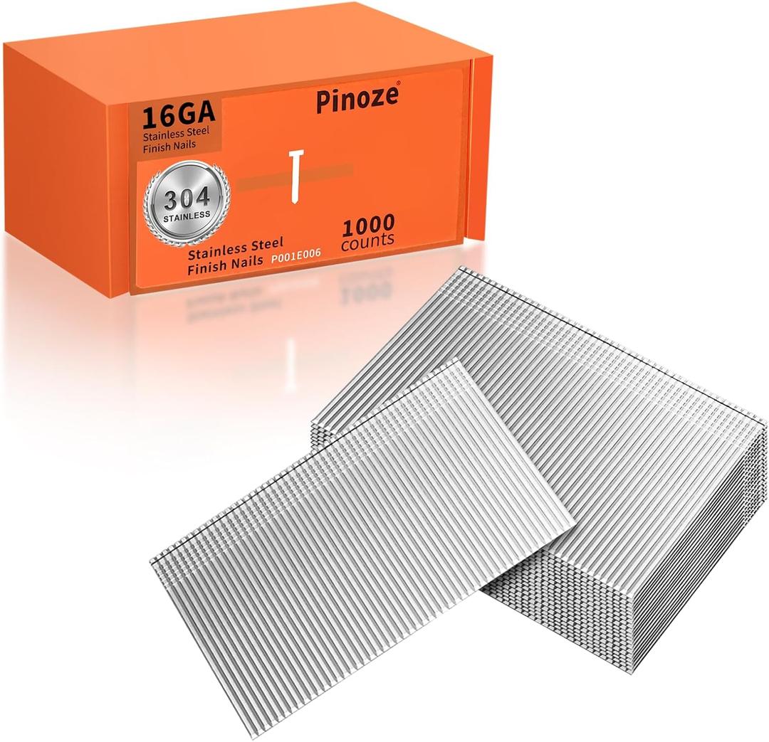 PINOZE 16 Gauge Stainless Steel Finish Nails, 2", 1000-Count 16GA Straight Finishing Nails, Assorted Size Small Framing Nail Gun Nails for Pneumatic, Electric Finish Nailer