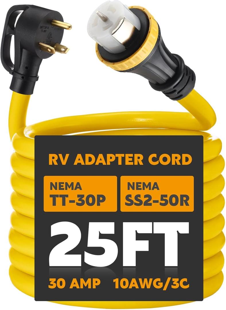 25ft 30 Amp to 50 Amp RV Locking Adapter Cord Compatible with Nema TT-30P Male to SS2-50R, Locking Female Power Dog Bone Plug for RV Trailer Camper, STW 10 Awg/3c