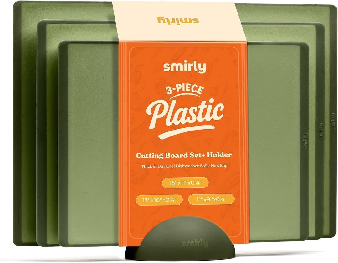 SMIRLY Plastic Cutting Board Set With Holder, Dishwasher Safe Plastic Cutting Boards Set for Kitchen, Cutting Boards for Kitchen - Plastic Chopping Board Set, Green
