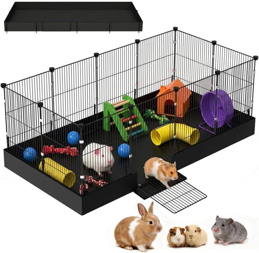 Guinea Pig Cages DIY Small Animal Playpen with Waterproof Liner, Expandable Cage for Guinea Pigs, Metal Wire Yard Fence Rabbit Cage (12 Panels - 48"L x 24"W x 16"H)