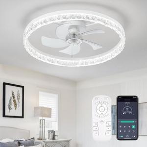 Ceiling Fans with Lights, 24 Inch Ceiling Fan with Light and Remote, Low Profile Reversible White Fandelier Ceiling Fan, Dimmable LED, Flush Mount, DC Motor, for Bedroom, Kitchen, Office