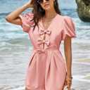 Cicy Bell Womens Cute Rompers Bow Front Puff Sleeve V Neck Short Jumpsuits Sexy Summer Outfits with Pockets (Pink, S)
