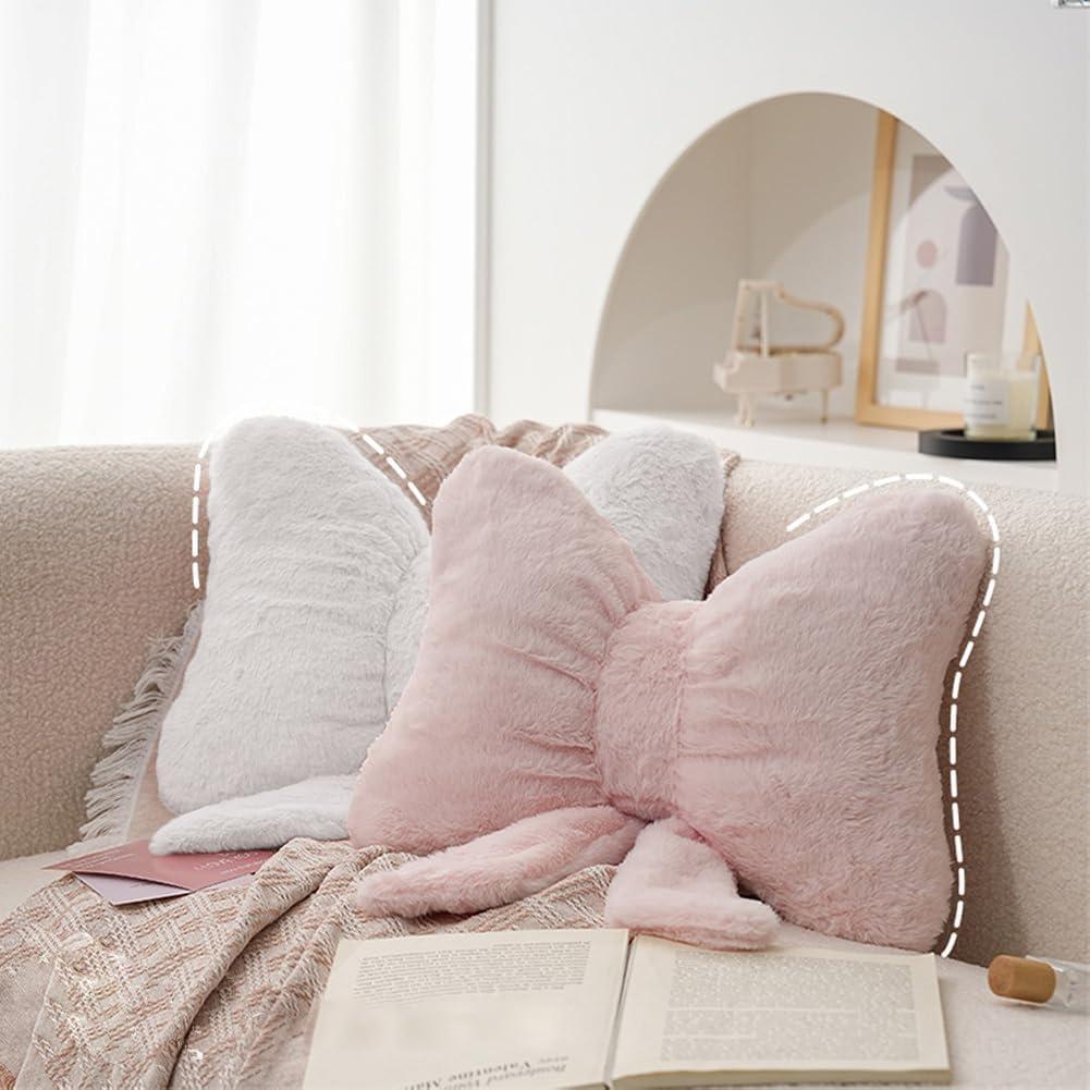2Pack Soft Furry Bow Throw Pillows Cute Bowknot Plush Pillow Home Decor Stuffed Bow Lumbar Pillow for Bed Couch Living Room Decor (Pink&White)