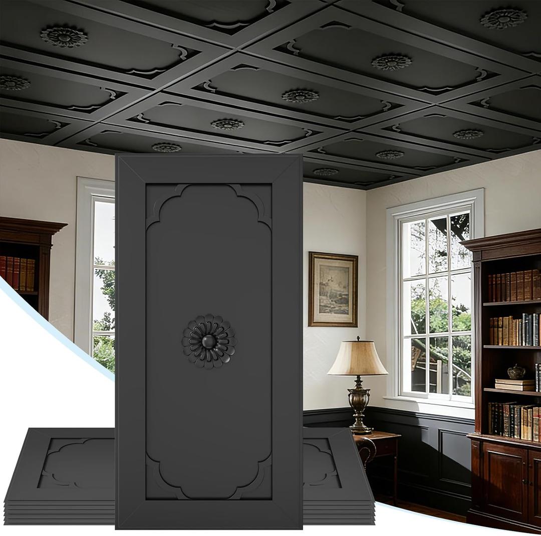 24 PCS 2x4 FT Black Floral Diamond Grid Decorative Ceiling Tiles, 24x48 Inch 3D Modern Minimalist Ceiling Panels, PVC Waterproof Cuttable Material Ideal for Living Room Bedroom Cover 192 Sq.Ft