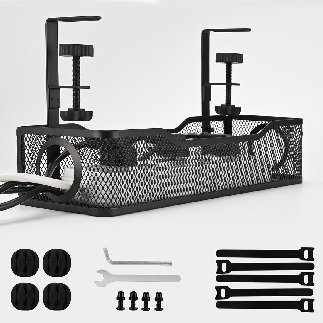 Under Desk Cable Management Tray  Clamp-On Metal Desk Organizer for Under Cable Organizer and Power Cord Storage  Sturdy and Easy Installation  Ideal for Home Office Desks (Black)