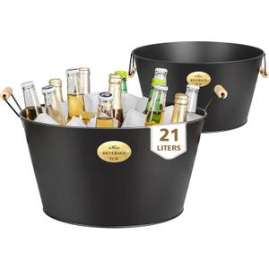 Large 5.5 Gallons Beverage Tubs for Parties 2 Pack, 21L Ice Bucket with Wooden Handles, Black Galvanized Tub, Ideal Party Tubs for Drinks