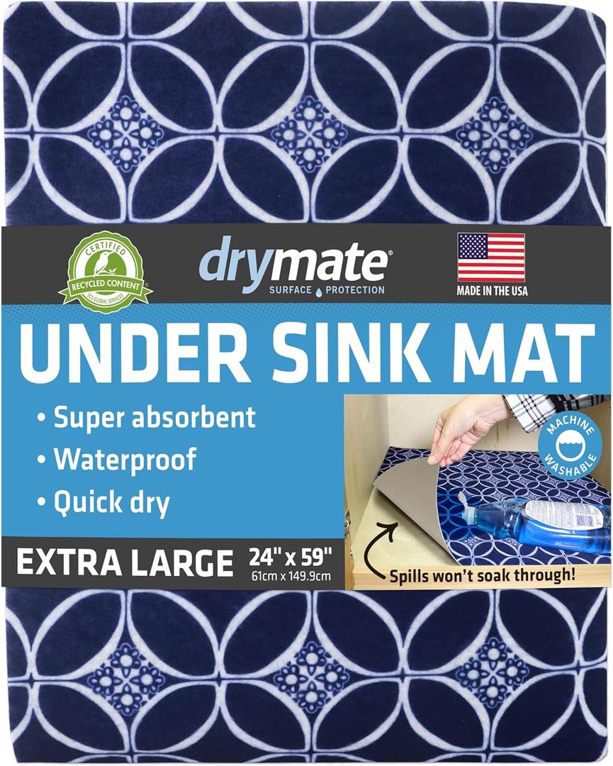 Drymate Premium XL Under Sink Mat, Waterproof Cabinet Protection Mats for Kitchen & Bathroom, Absorbent Shelf Liners, Slip-Resistant, Non-Adhesive, Machine Washable (USA Made)(24x59)(Indigo)