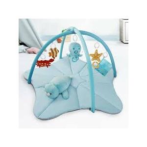 Joypony Baby Play Gyms Mat, Larger Tummy Time Mat with Pillow, Mirror & 5 Sensory Toys, Activity Mat for Babies 0-18 Months, Easy to Install & Clean Ocean
