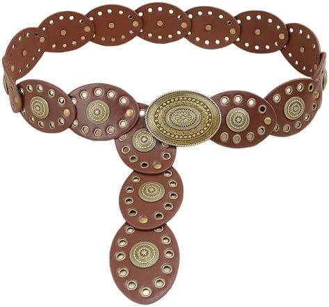 Bawnhaw Western Chunky Wide Disc Belt for Women Boho Hollow PU Leather Waist Cowgirl Belt for Dresses Jeans with Metal Buckle