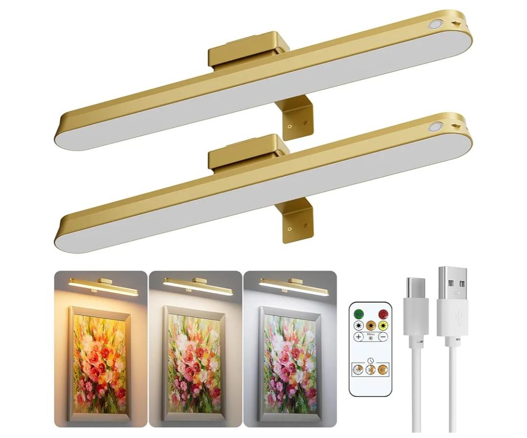 Picture Lights for Wall Battery Operated,2-Pack 16in Magnetic Rechargeable Cordless Picture Light with Remote,Dimmable,Timer Painting Light,Art Display Light for Picture Frame Artworking Portrait,Gold