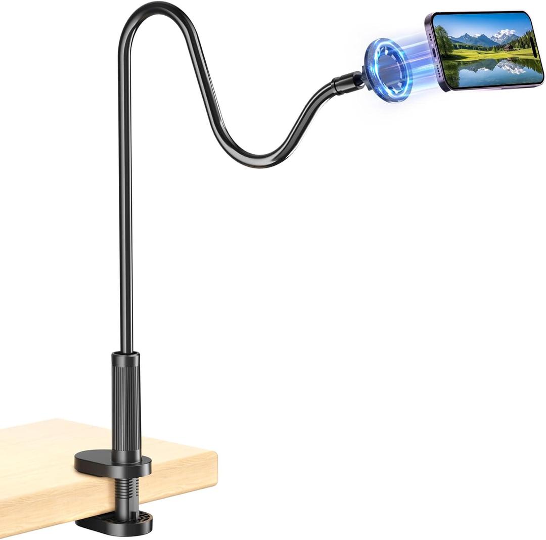 Gooseneck Phone Holder for Bed, Magnetic Cell Phone Stand for iPhone 16 15 14 13 12 Pro Max Plus Mini, Flexible Long Arm Mount 360 Adjustable for Desk Bedside Filming (Glossy Black)