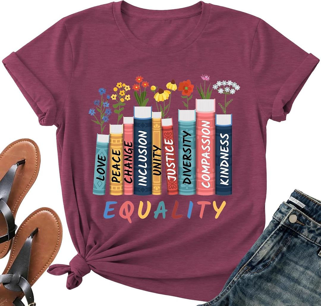 Read Book Shirt for Women-Reading Teacher Tee Tops Pink Flower and Butterfly Short Sleeve Cute Book Shirt