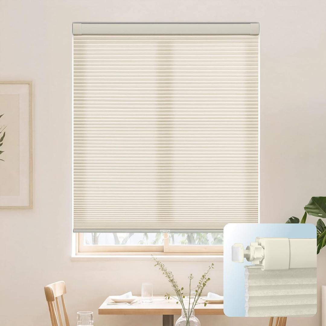DEZ FURNISHINGS EZ Grip PRO Plus No Drill Cordless Cellular Shade, 1" Light Filtering Honeycomb Window Blind, Inside Mount Tension Shade with Aluminum Rails, 33.5" W x 48" H, Beige