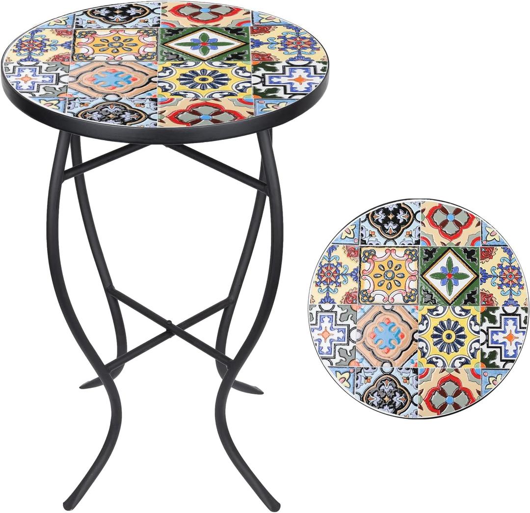 VCUTEKA Mosaic Side Table, 21" Round End Table with 14" Ceramic Tile Top, Indoor Patio Accent Table for Yard, Garden, Living Room, Bistro Balcony or Lawn, Round, 14-inch Diameter X 21-inch Height