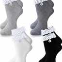 Fourluoo 4 Pairs of Women's Ruffle Frilly Socks Soft Breathable Lace Ankle Socks Cute Princess Dress for Women