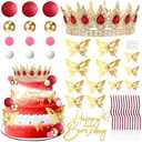 ZOYVUX Birthday Crown Cake Topper, Cake Decorations with Happy Birthday Cake Topper, Balls, Gold Butterflies, Corona Para Pastel for Women, Princess, Wedding Party Decor (Gold & Red)