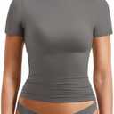 YEOREO Women Fitted Workout Tops Short Sleeve Double Lined Basic Y2K Going Out Crew Neck Compression Crop Top, Small