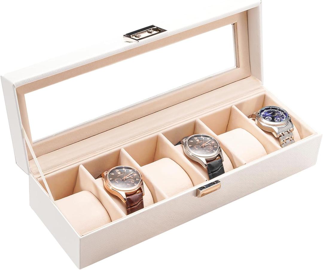 ProCase Watch Box for Men, 6 Slot Watch Display Case Mens Watch Box Organizer, PU Leather Watch Cases for Men Watch Storage, Father's Day Gift Watch Holder Organizer -6 Slot, White