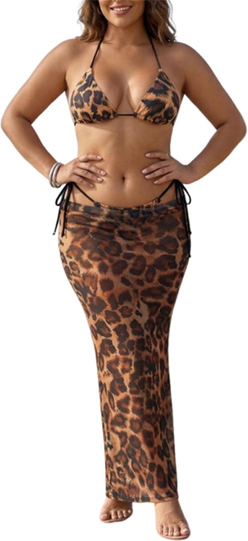 3 Piece Swimsuits for Women Sexy Halter Triangle Bikini Set with Long Sheer Mesh Cover Up Skirt (Small, Leopard Print)
