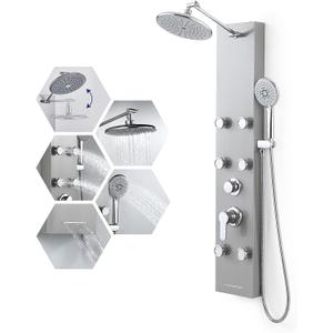ROVATE Rainfall Shower Panel Tower System with Tub Spout, 6 Adjsutable Body Massage Jets, Flexible 5 Functions Handheld, Stainless Steel High Pressure Shower Column with Brass Valve Body