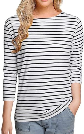 LilyCoco Womens 3/4 Length Sleeve Tops Striped Boatneck Shirt Breton French Cotton Tees, Size: 3XL