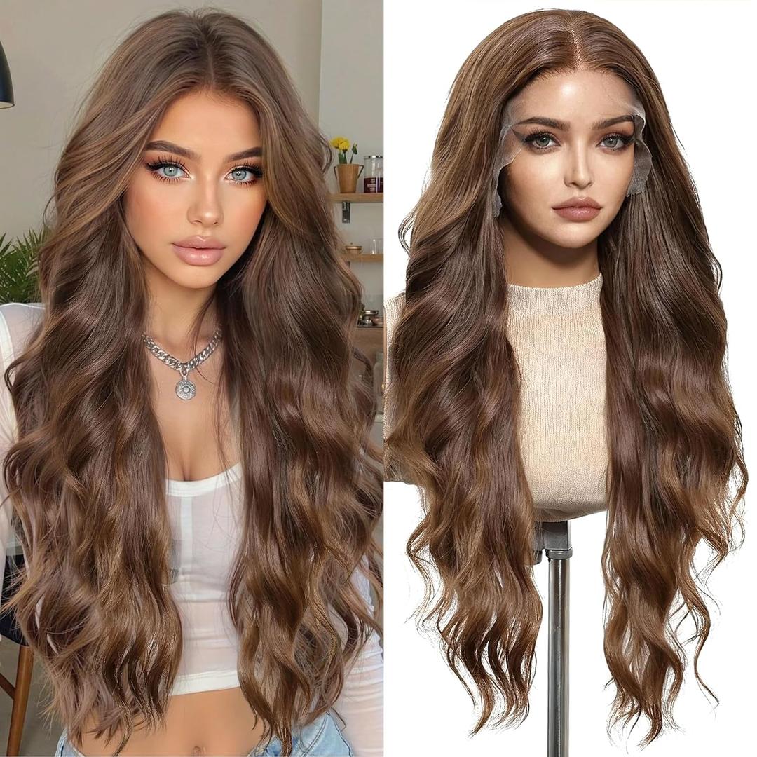 Lace Front Wig Long Wavy 28 Inch Highlight Caramel Brown 136 with Tiny Knots Synthetic Hair Natural Hairline Wig for Women Daily, Party & Date Looks