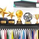 Metal Medal Hanger Display,Non-Slip Trophy Shelf with 20 Hooks,Wall Mount,Heavy Duty,Non-Bent,Holds 22-33lbs,for Gymnastics,Race,Soccer,Swim (Black)