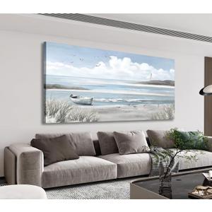 Sea Beach Canvas Wall Art - Abstract Ocean Canvas Pictures Coastal Seagulls Birds Canvas Prints Living Room Decor Blue Teal Seascape Painting Artwork for Bedroom Home Office Kitchen Decor 24" x 48"