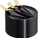 I00000 144Pcs Black and Gold Dessert Plate Set, Including 72Pcs Black and Gold Plastic Plates 7.5" and 72Pcs Disposable forks 8.5", Fancy Salad Plates with Gold Rim for Thanksgiving and Party