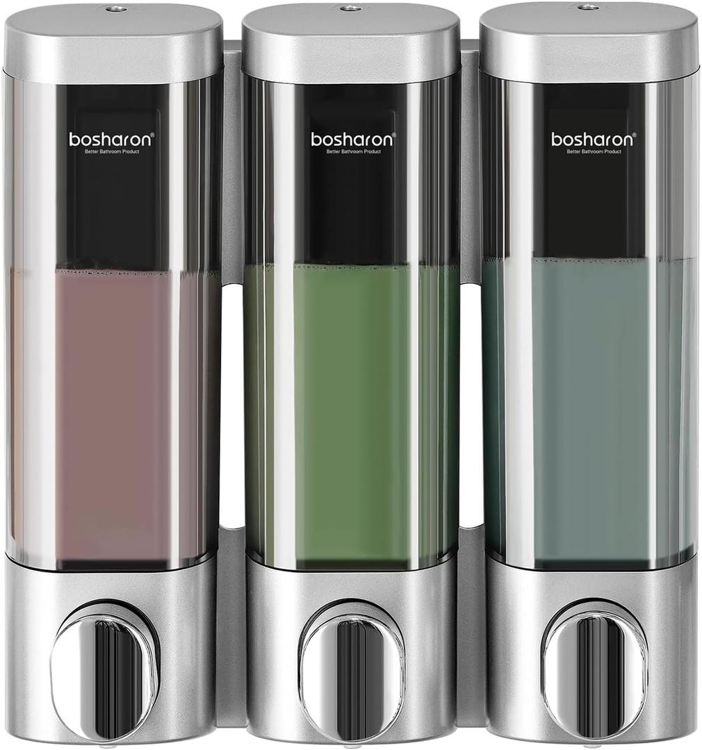 3 in 1 Wall Mounted Shower Dispenser, 3 x 10 oz Shampoo Body Wash Conditioner Pump Dispenser, No Drill for Bathroom & Kitchen (Silver)