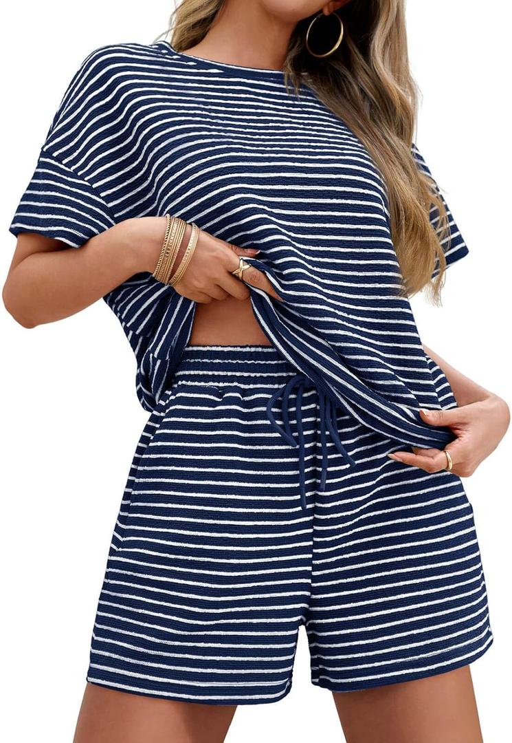 Tankaneo Womens 2 Piece Sets Summer Lounge Sets Striped Short Sleeve Oversized T Shirts Drawstring Shorts Matching Set (X-Large, Navy)